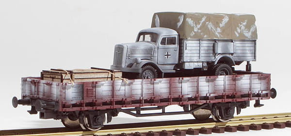 REI Models 460312WC - German WWII Opel Blitz in WInter Camo loaded on a 2 axle DRB stack car 